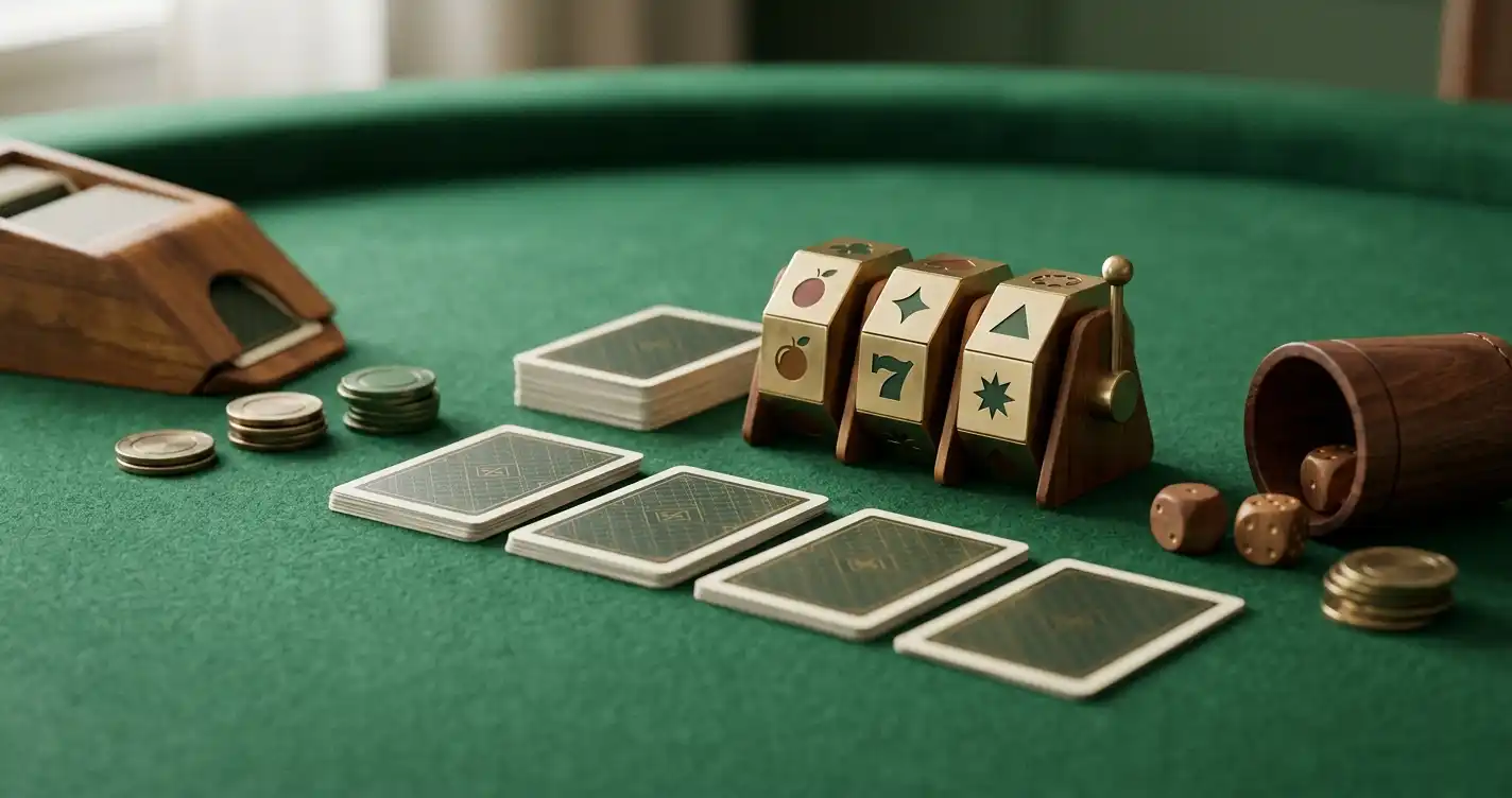 Stilleben med färgstarka spelsymboler intill ett neutralt blackjackbord med kort och marker